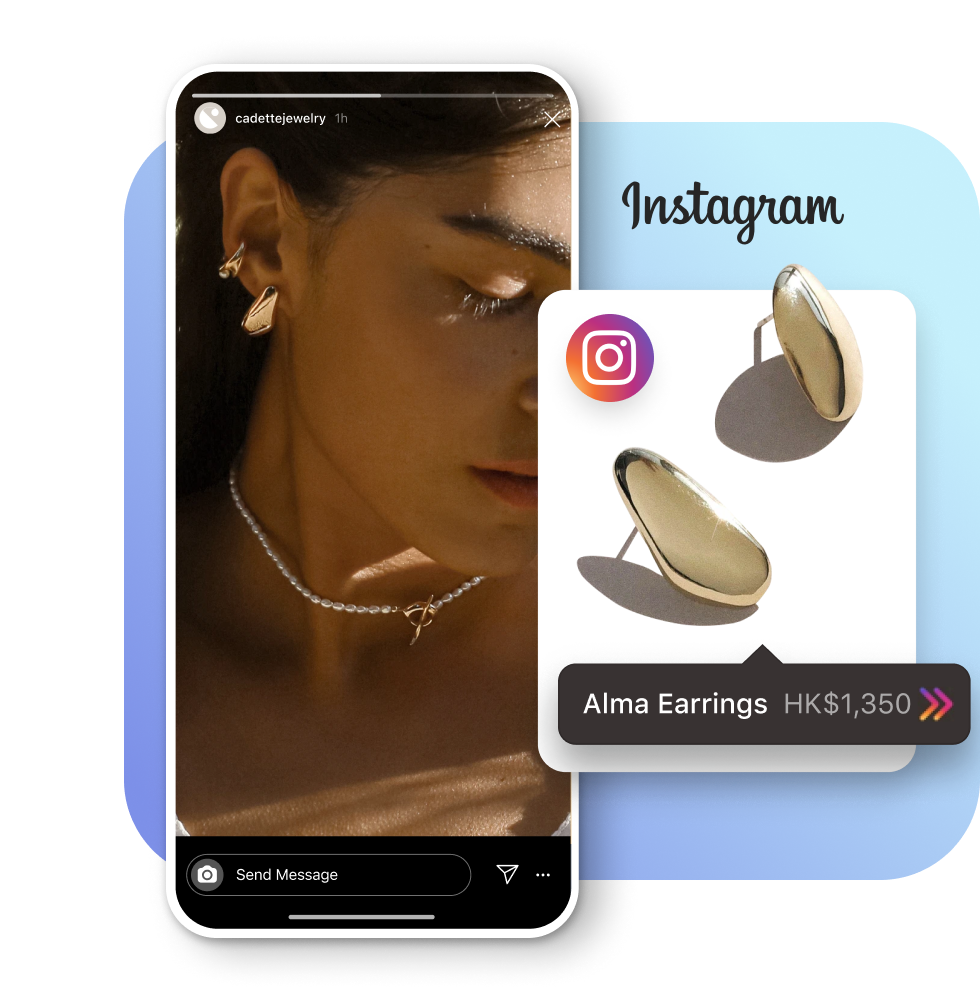 A young female wearing gold earrings and a pearl necklace in an Instagram story. A product card featuring Cadette Jewelry’s Alma earrings with product label overlayed on top.