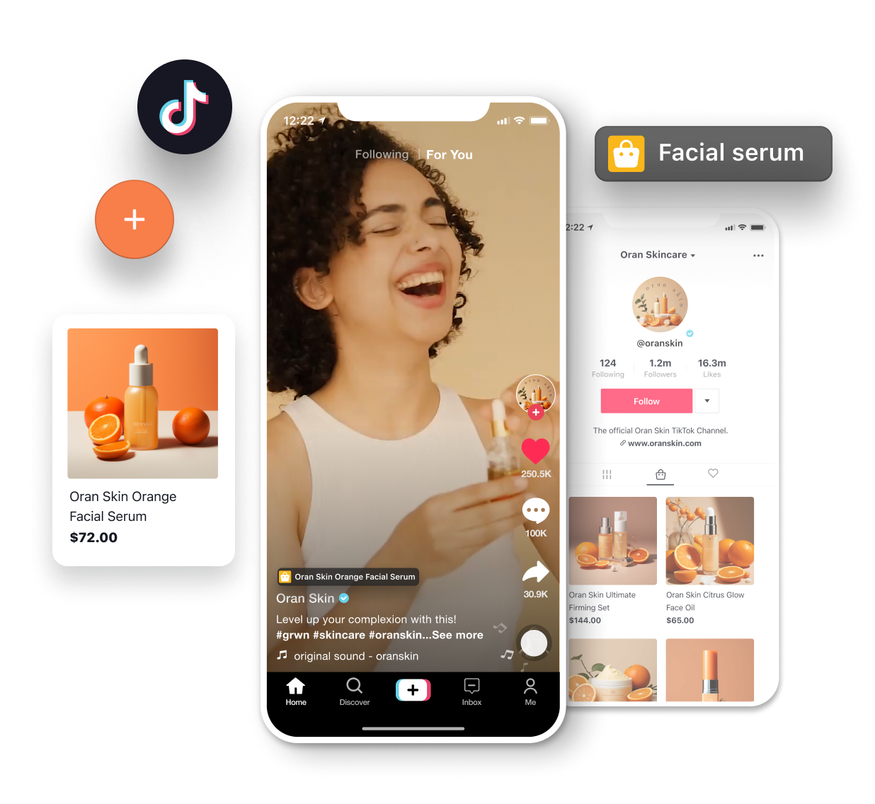 A young female smiling while applying a facial serum in a TikTok video. An interface showing beauty products for sale in a TikTok Shop for a skincare brand.