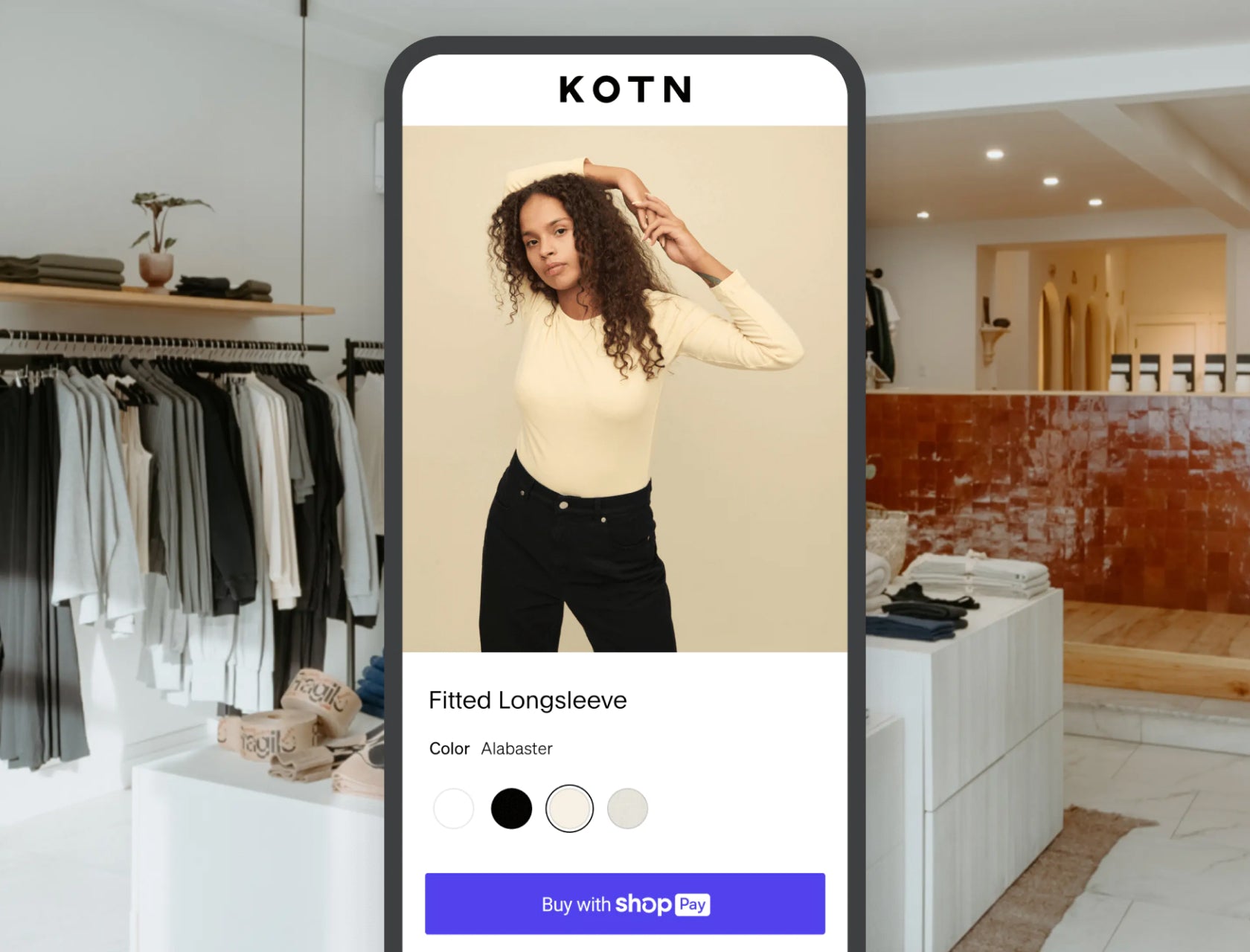 KOTN with Shop Pay on a mobile device