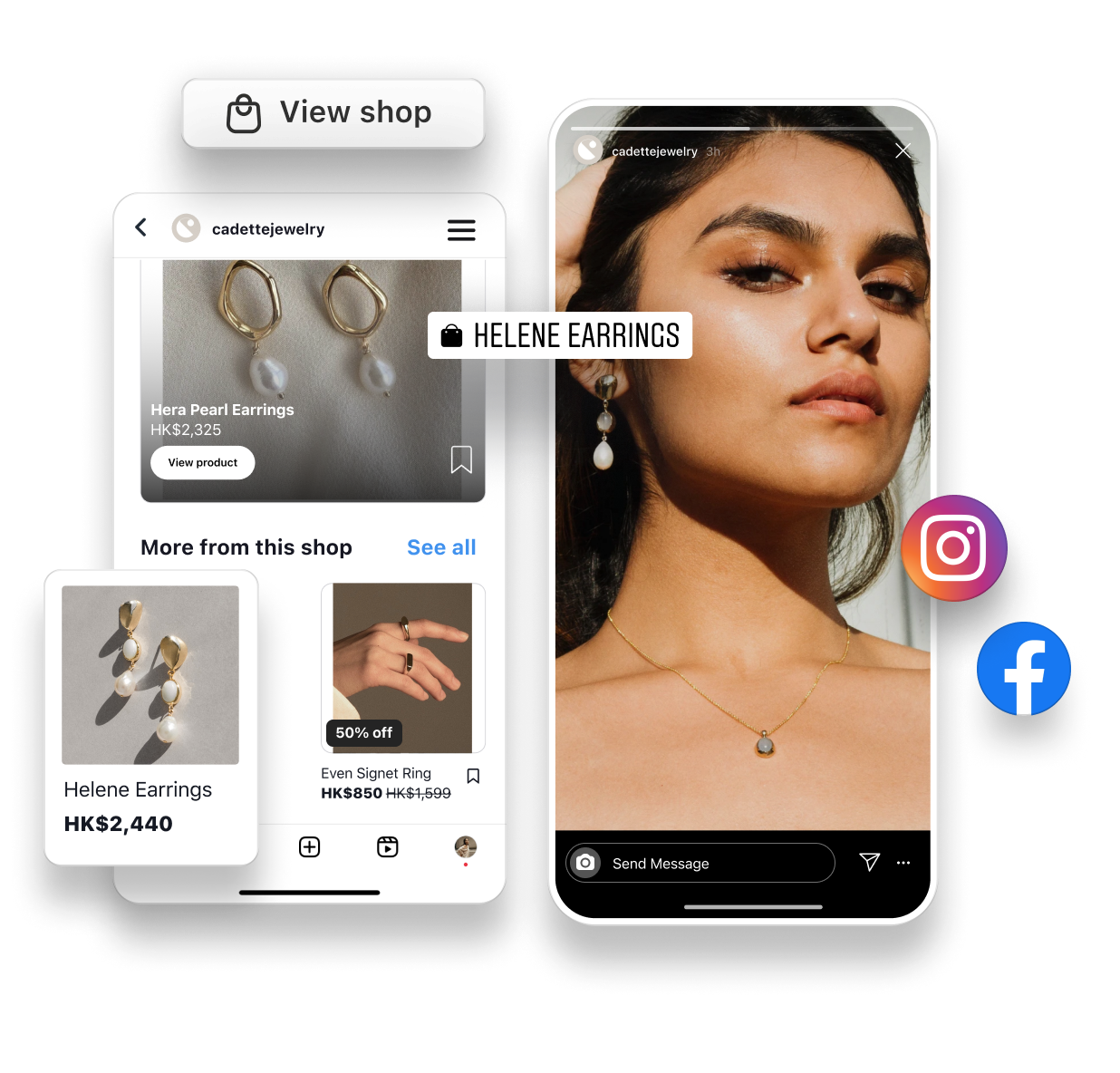 A young female wearing pearl drop earrings and a necklace in an Instagram story, with product label for earrings overlayed on top. A ‘View shop’ button is with on top of an interface showing jewelry products for sale in a Instagram Shop feed for merchant, Cadette Jewelry.