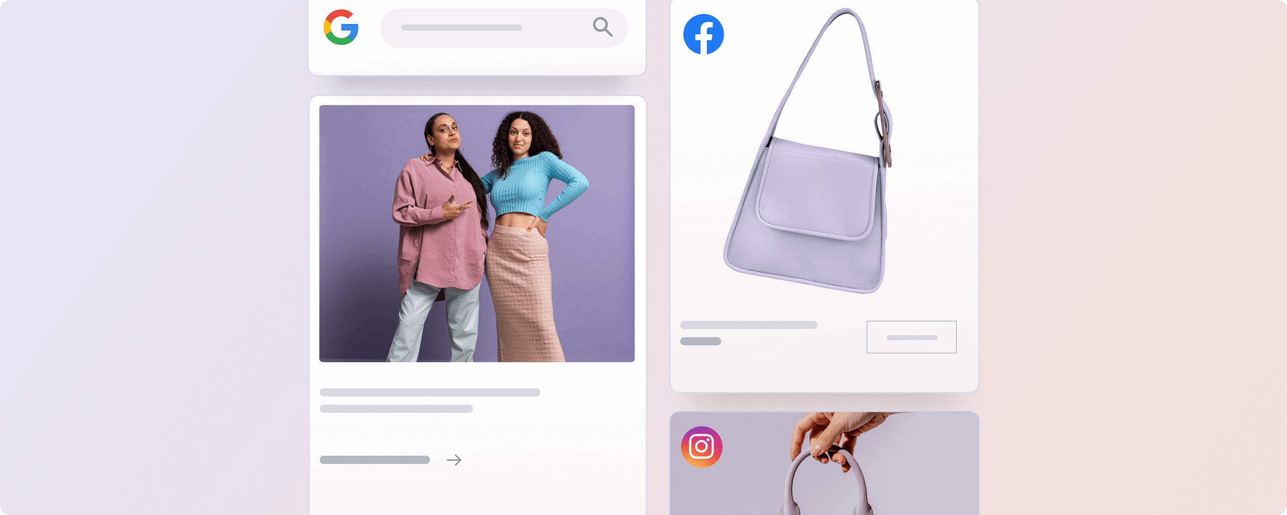 An array of marketing images for a clothing business, depicting a blog preview post alongside ads on Google, Facebook, Instagram.