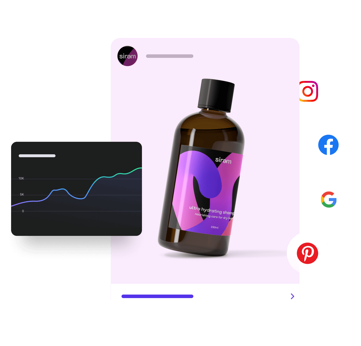 赞助广告描绘一瓶shampoo, with a Shop now button, overlaid with an audience growth graph.