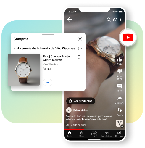 Un primer plano en YouTube de un hombre que lleva un reloj de color café en la muñeca. En el recuadro del video se superpone una ficha de producto con un reloj café a la venta.