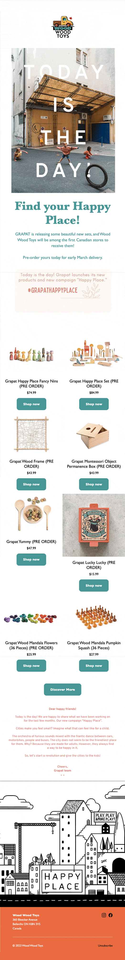 Un’email con i nuovi arrivi di bellissimi giocattoli in legno nel negozio online di Wood Wood Toys.