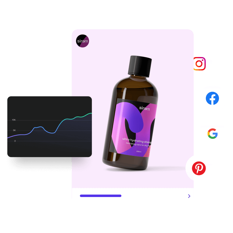 赞助广告描绘一瓶shampoo, with a Shop now button, overlaid with an audience growth graph.