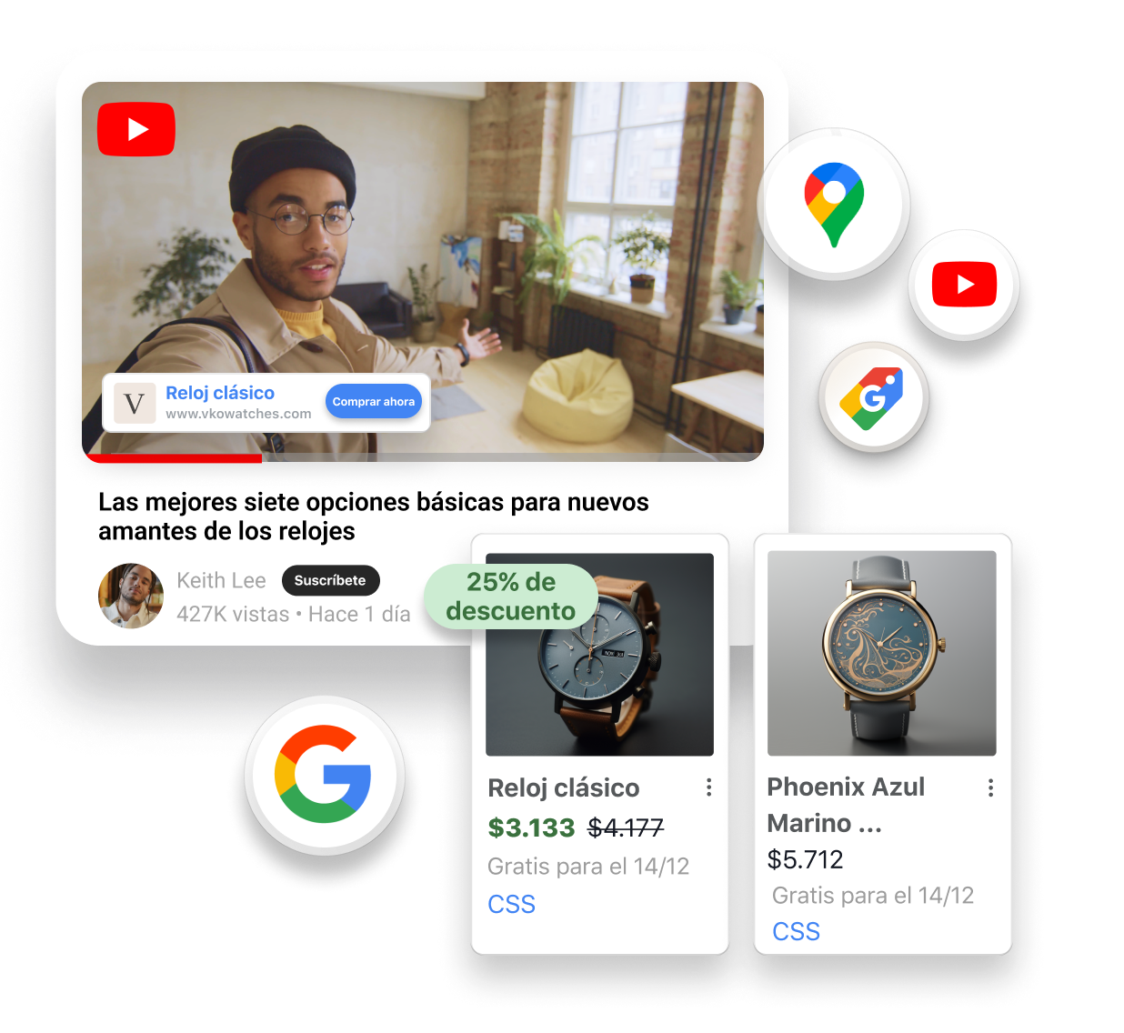 Video de YouTube en el que se muestra a un hombre con un reloj café en la muñeca hablando a la cámara. Sobre la ventana del video se muestra un recuadro de producto con dos relojes a la venta. Alrededor de las ventanas se muestran los logos de Google, Google Maps, Google Shopping y YouTube en tamaño pequeño.