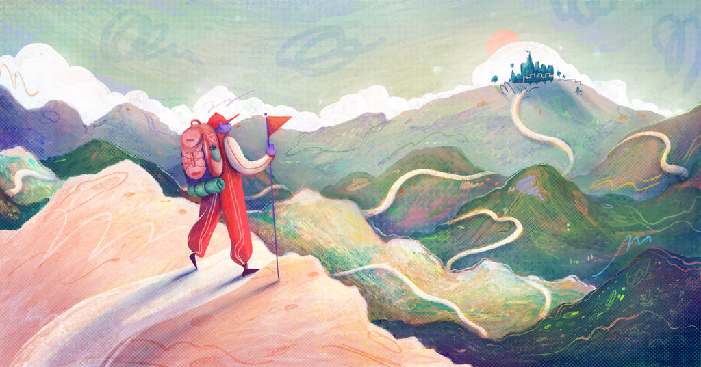 Illustration of an adventurer surveying the rolling hillsides, representing an entrepreneur ready to start their business