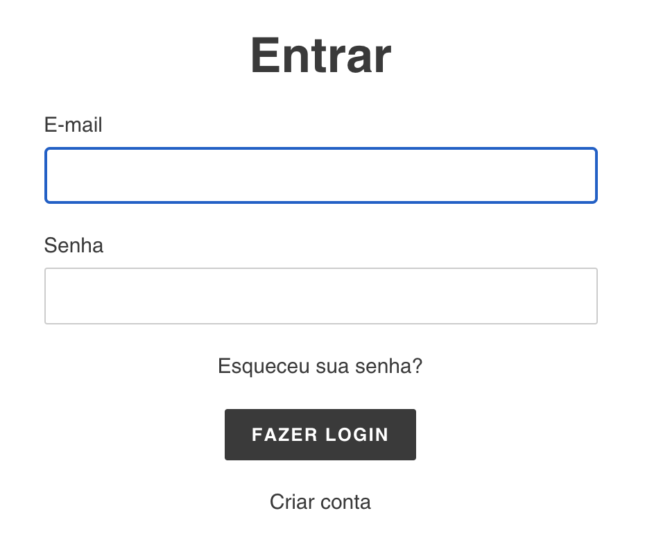 Uma tela de login de clientes nas lojas online que exbe campos de formulário para e -mail e Senha。O campo E-mail é contornado em azul。