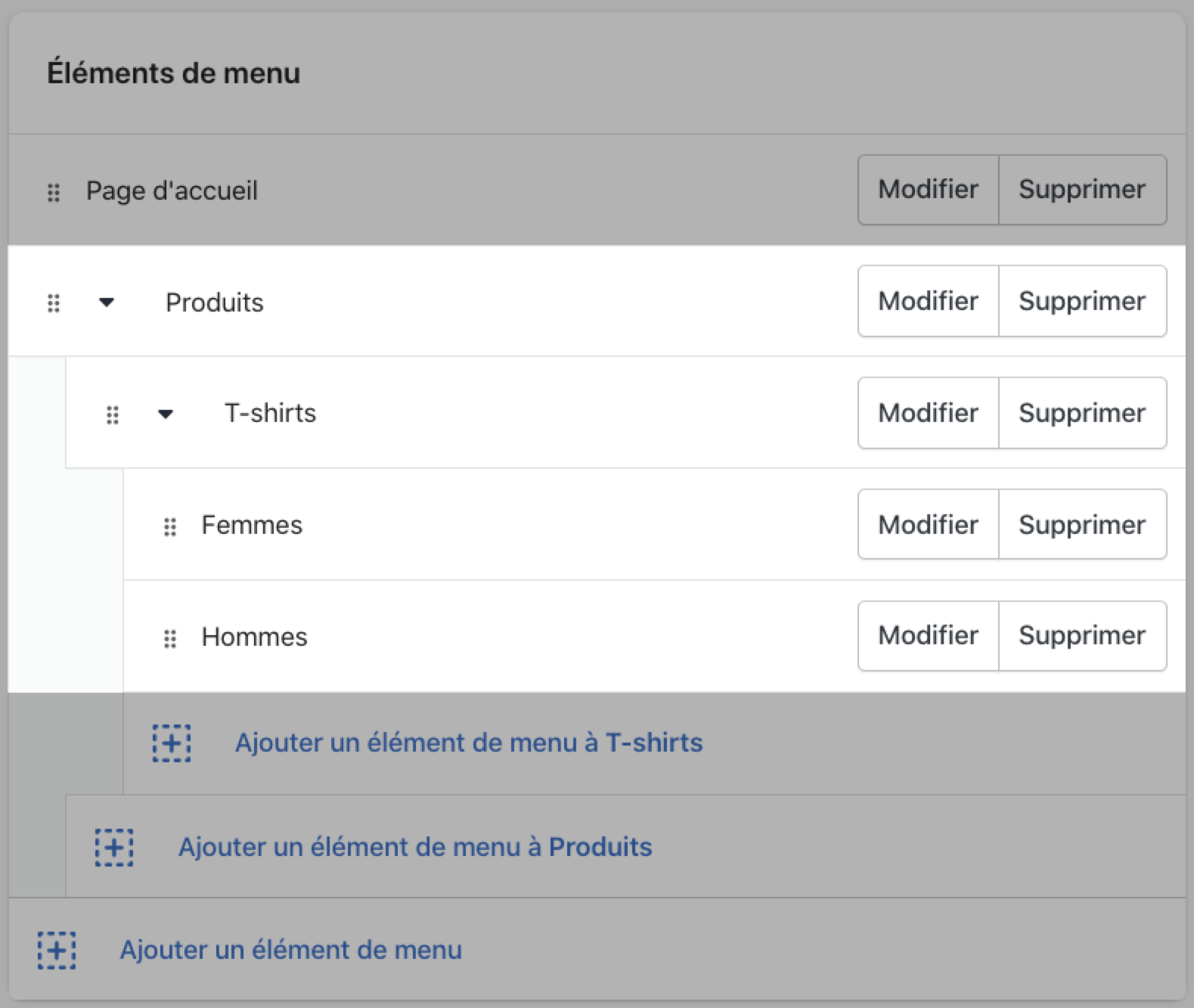 Image illustrant l'élément de niveau supérieur et les deux niveaux de menus imbriqués dans la section Online Store (Boutique en ligne) > Navigation de l'interface administrateur Shopify