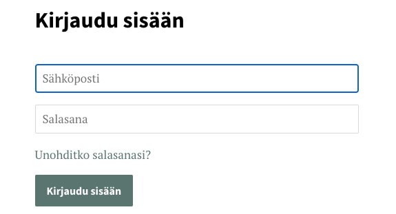 Verkkokaupan asiakkaan kirjautumisnäyttö， jossa näkyvät lomakekentät sähköpostiosoitetta ja salasanaa varten。Sähköpostiosoitekentässä在sininen reunus。