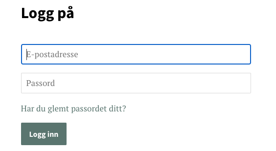 Påloggingsskjermen for kunder i en nettbutikk som viser skjemafeltene - postaddress og password。E-post-feltet er fremhevet i blått。