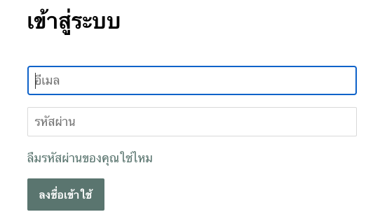 หน้าจอการเข้าสู่ระบบของลูกค้าบนร้านค้าออนไลน์ที่แสดงช่องแบบฟอร์มสำหรับอีเมลและรหัสผ่านช่องมีเมลมีเส้นขอบสีน้ำเงิน