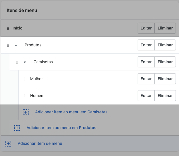 Imagem que mostra o item de nível superior e dois níveis de menus aninhados na Loja Online > Secção de Navegação do Admin Shopify