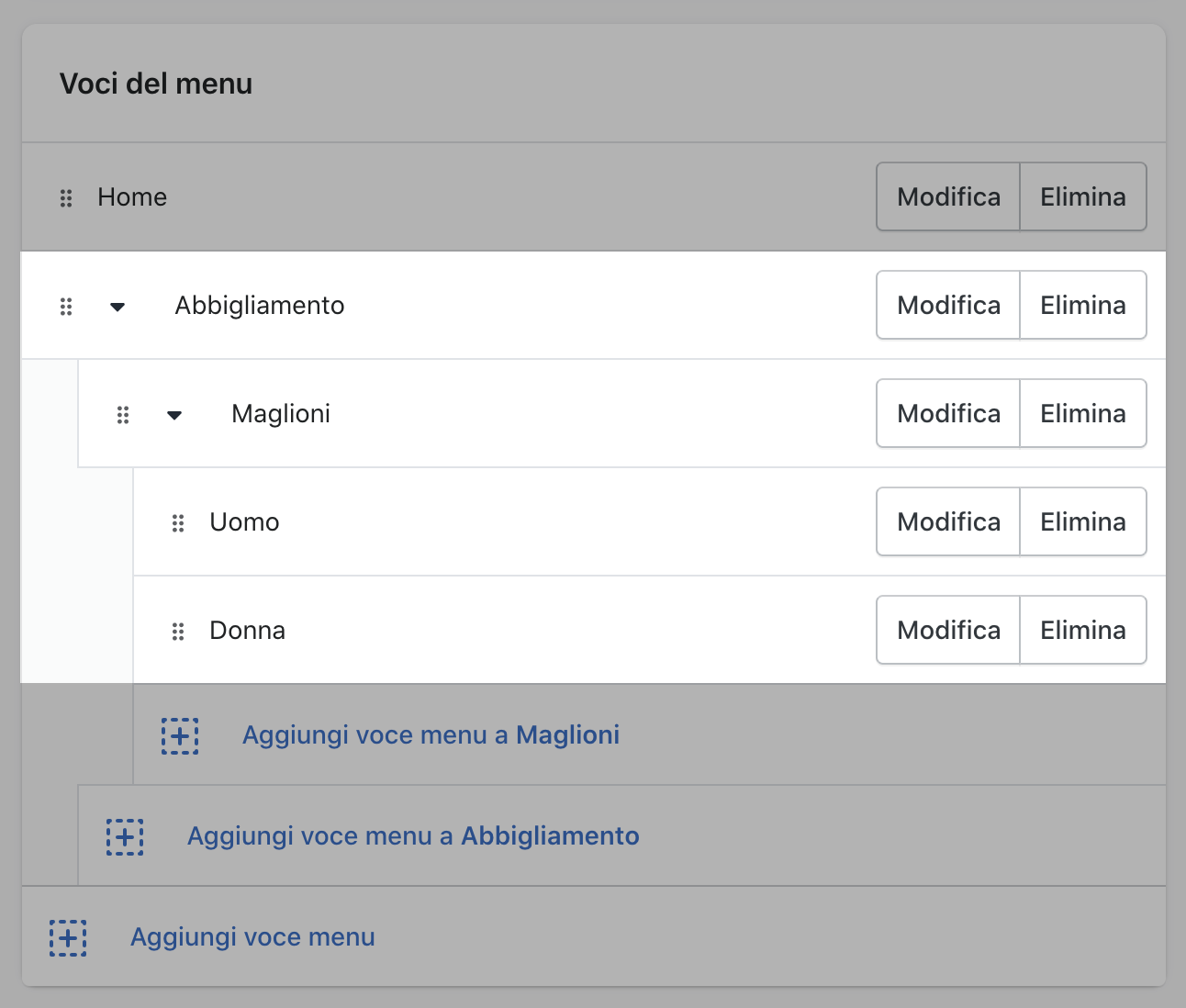 Immagine che mostra la voce di livello superiore e due livelli di menu nidificati nella sezione Negozio online > Navigazione del pannello di controllo Shopify