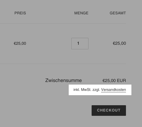 Steuerinformationen auf der Warenkorbseite