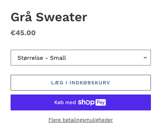 To eksempler på produktsider, der viser dynamiske betalingsknapper. Den ene side viser en knap uden branding med teksten Køb nu. Den anden side viser en knap med branding med teksten Køb med PayPal.