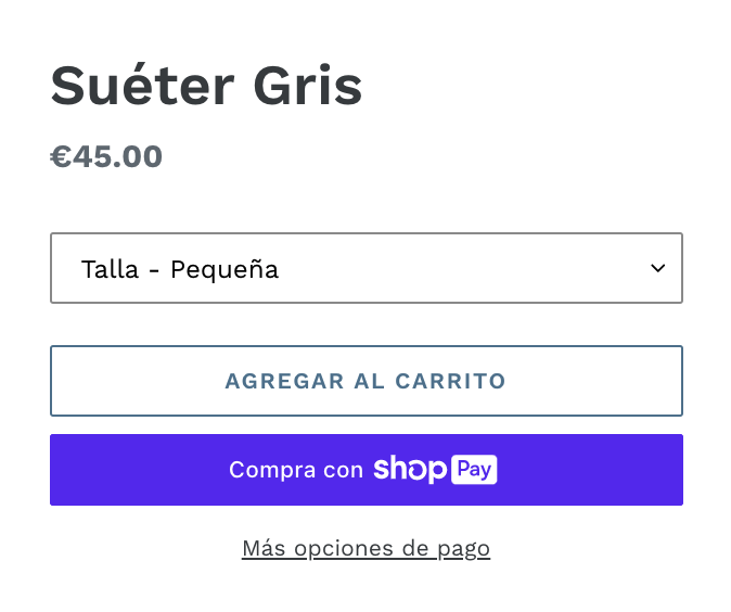 Dos páginas de productos de ejemplo que muestran botones de pago dinámico. Una página muestra un botón sin marca registrada con el texto Comprar ahora. La otra página muestra un botón de marca registrada con el texto Comprar con PayPal.