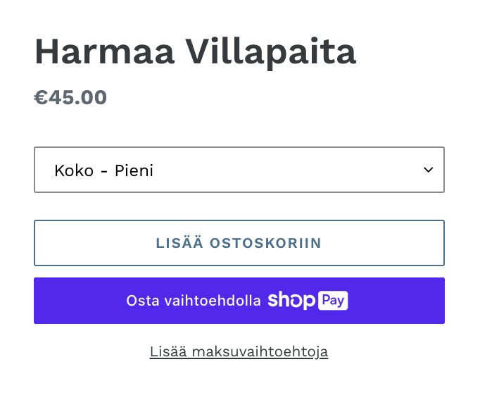 Kaksi esimerkkia tuotesivusta dynaamisilla kassapainikkeilla. Yhdellä sivulla näkyy painike ilman liikemerkkiä tekstillä Osta nyt. Toisella näkyy liikemerkillinen painike, jossa on teksti Buy with PayPal.