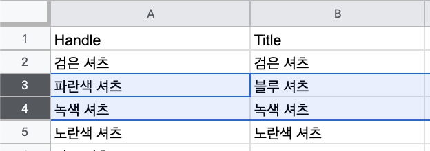 In a product CSV Google spreadsheet, the third and fourth row are highlighted.