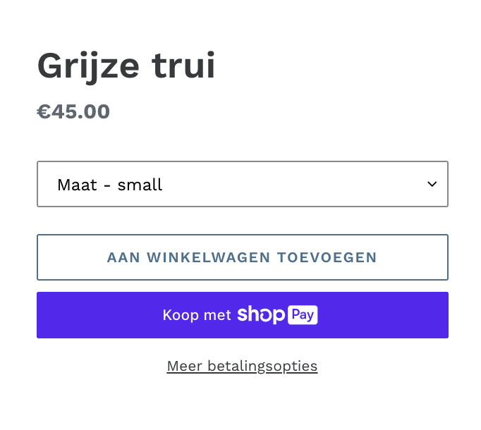 Twee voorbeeldproductpagina's met dynamische checkoutknoppen. Eén pagina toont een merkloze knop met de tekst Nu kopen. De andere pagina toont een merkknop met de tekst Kopen met PayPal.