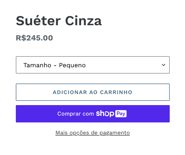 Exemplo de duas páginas de produto que exibem botões de checkout dinâmico. Uma página exibe um botão sem marca com o texto Compre já. A outra página exibe um botão com marca com o texto Comprar com PayPal.