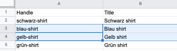 In a product CSV Google spreadsheet, the third and fourth row are highlighted.