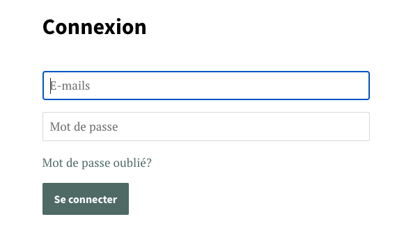 Un écran de connexion client sur une boutique en ligne qui affiche les champs de formulaire pour e-mail et mot de passe. Le champ e-mail est encadré en bleu.