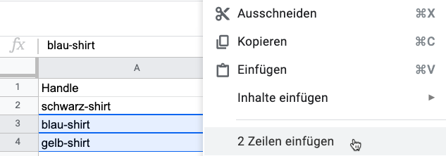 In a product CSV Google spreadsheet, the Insert 2 above option is selected.