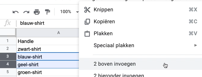 In a product CSV Google spreadsheet, the Insert 2 above option is selected.