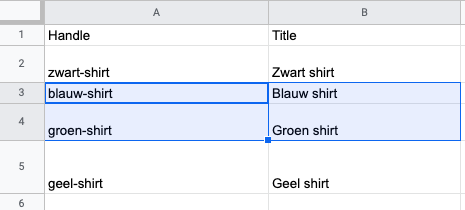 In a product CSV Google spreadsheet, the third and fourth row are highlighted.