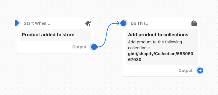 Example of a workflow that adds a product to a collection when a product is added to the store