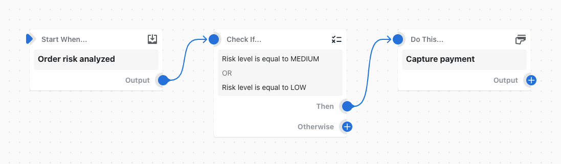 Risk düzeyi orta veya düşük olduğunda siparişin ödemesini kaydeden bir iş akışı örneği