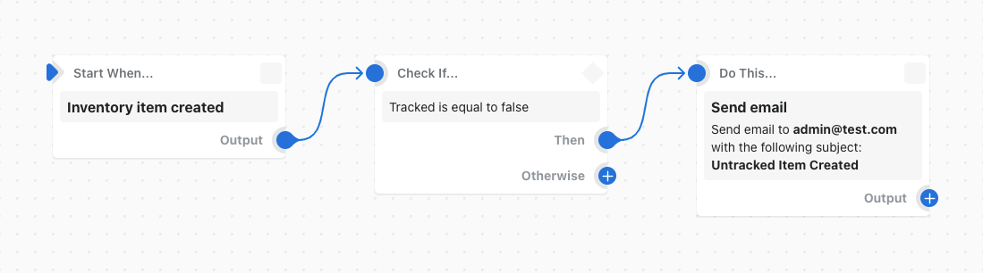 Example of a workflow that sends an email when an untracked inventory item is created