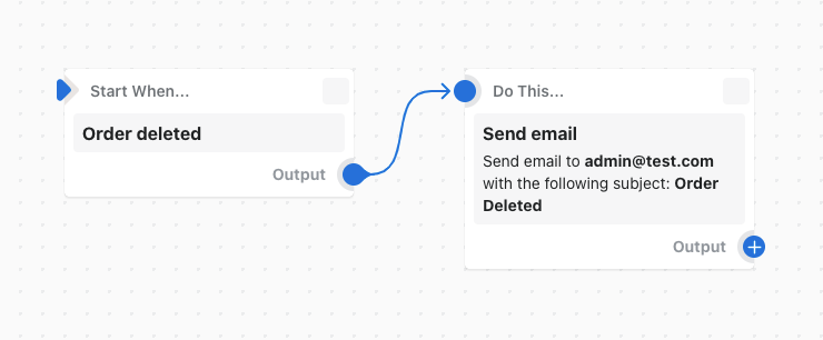 Example of a workflow that sends an email when an order is deleted