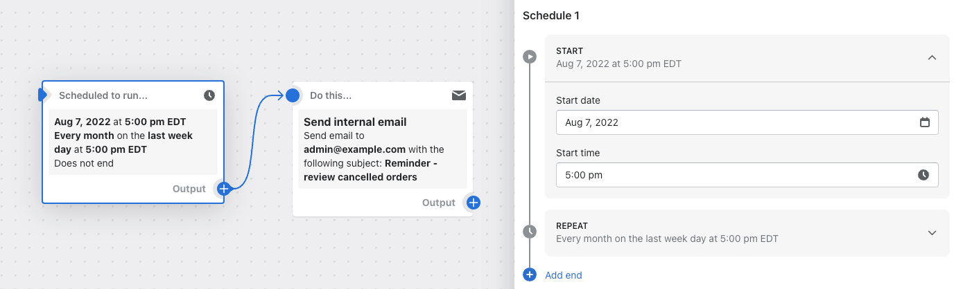 Example of a workflow that sends an email according to a specific schedule