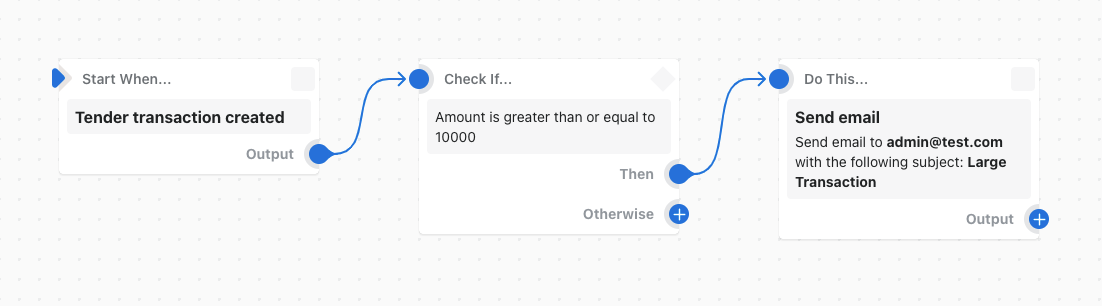 Example of a workflow that sends an email when a tender transaction of 10,000 or more is created