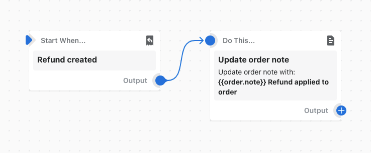 Voorbeeld van een workflow die een notitie aan een bestelling toevoegt wanneer een terugbetaling is aangemaakt