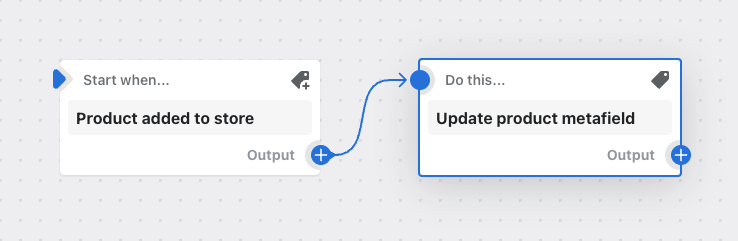 Ejemplo de un flujo de trabajo que agrega un metacampo de producto cuando se agrega un producto a la tienda