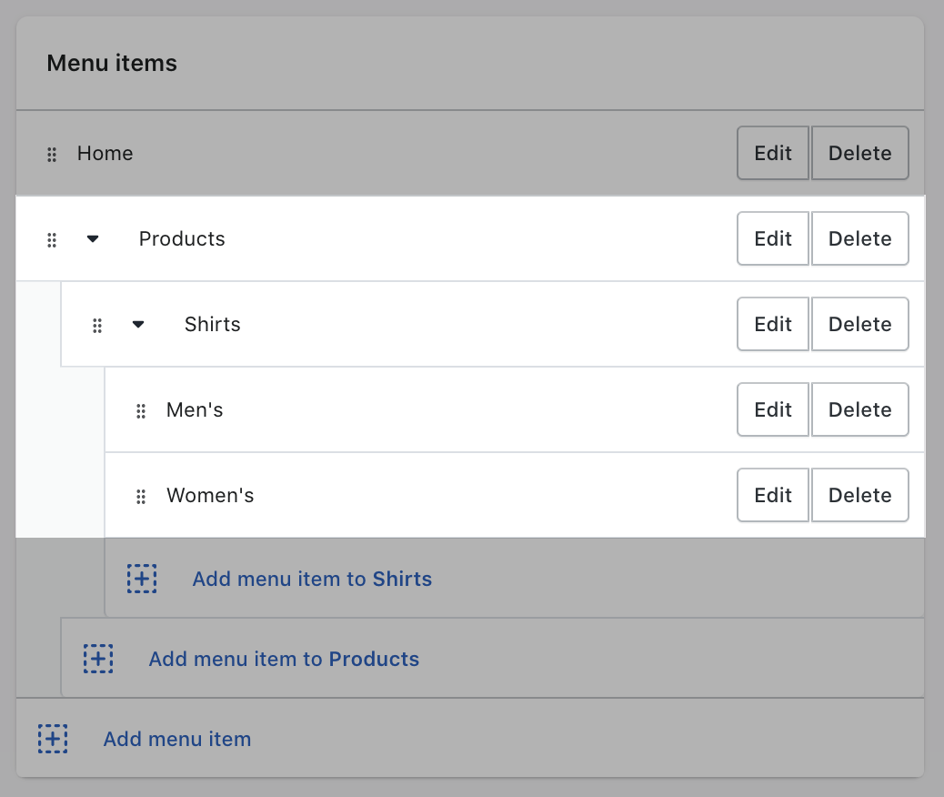 图片显示顶级项目和两层嵌套菜单在在线商店>导航部分的Shopify管理欧宝体育官网入口首页