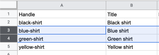 在产品CSV谷歌电子表格中，第三行和第四行突出显示。gydF4y2Ba