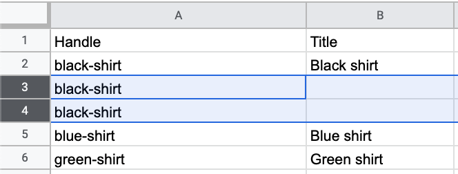 在产品CSV谷歌电子表格中，文本black-shirt输入在第3行和第4行句柄列下。gydF4y2Ba