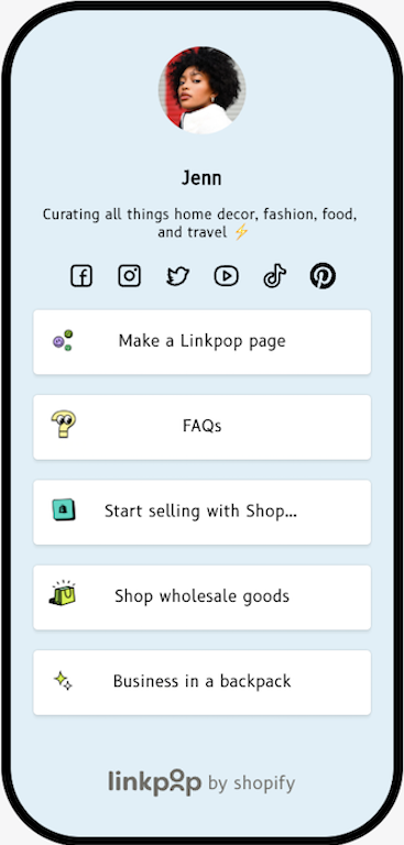 przykjadowa strona docelowa Linkpop zawierajajska krótkie bio, linki do kont w mediach spoeecznowicciowych oraz kilka linków do stron zwiivzanych z narzdziem Linkpop i aplikacją Shopify。