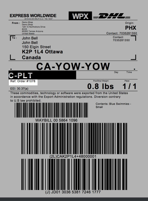 Highlighted order number location on an example DHL label