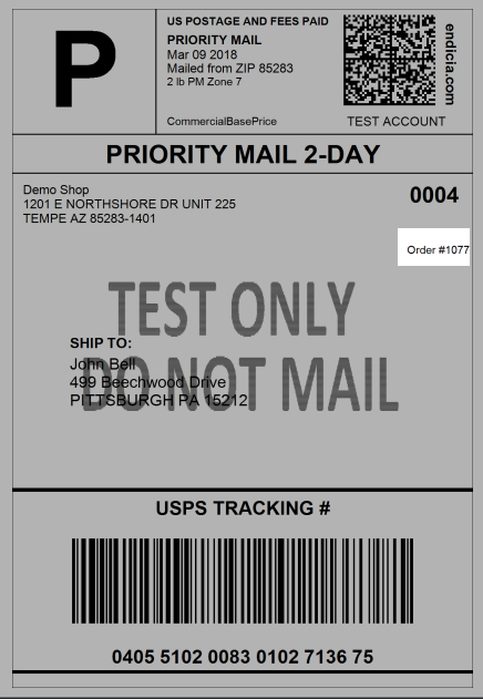 Highlighted order number location on an example USPS label