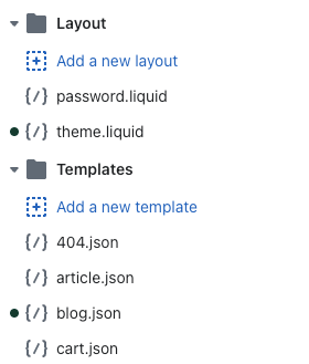 The directory of theme files showing a dot next to the files that have been modified