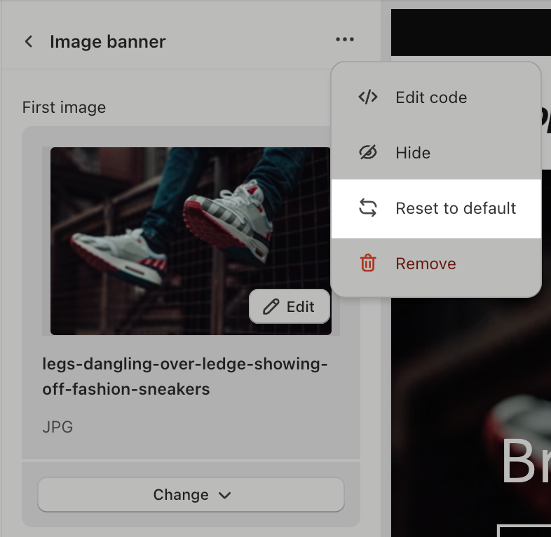 Example of using the back and forth arrow to reset the image banner section. In this example, if you click the <b>back and forth arrow</b> icon, then you're resetting the image banner section back to default.