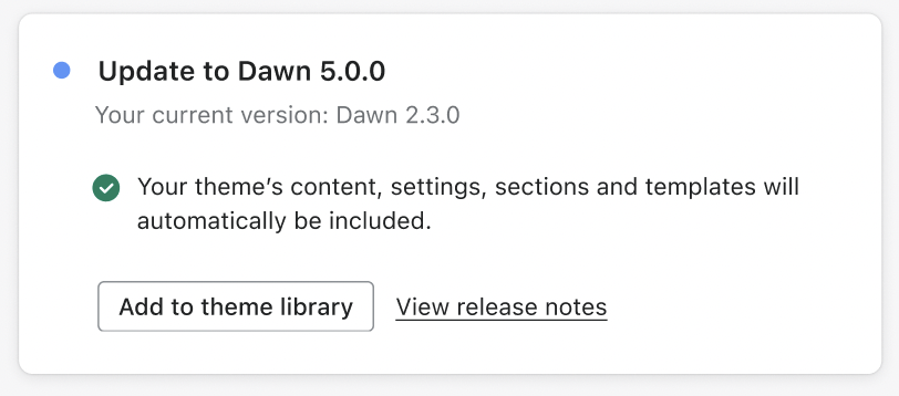 Eksempel-nettbutikk med en bekreftet temaoppdatering for Dawn tilgjengelig。