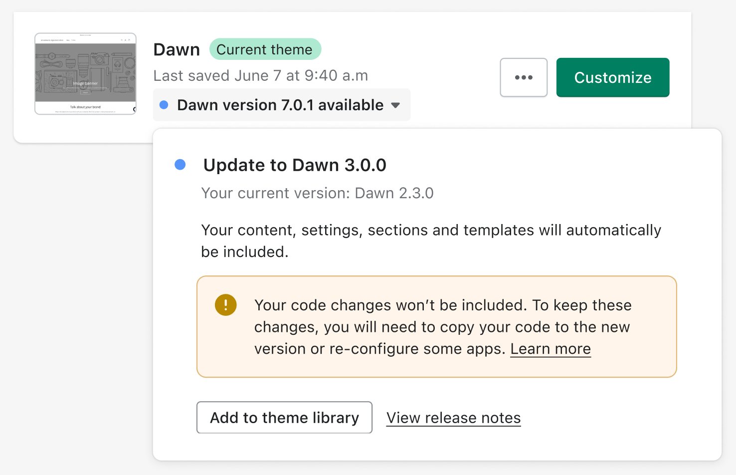 Esempio di negozio online con codice del tema Dawn modificato e aggiornamento disponibile