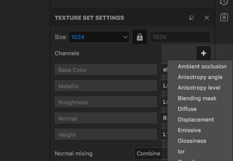 The + button is beside the Channels heading. The button opens a drop-down menu that shows the additional channels that are available.