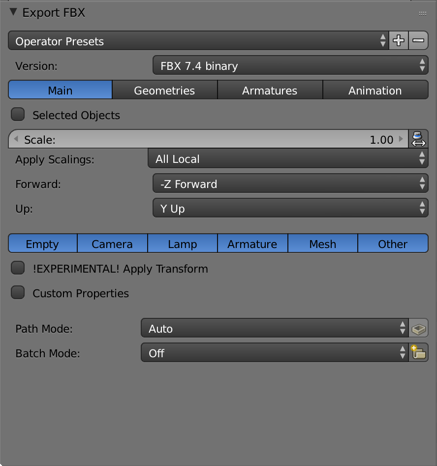 Version: FBX 7.4 binary. Scale: 1.0. Apply Scalings: All Local. Forward: -Z Forward. Up: Y Up. Path Mode: Auto. Batch Mode: Off.